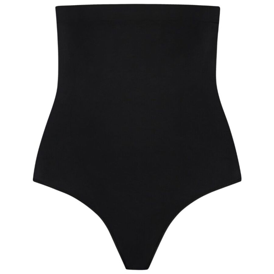 String gainant taille haute Bye Bra noir posé à plat, coupe string à l'arrière