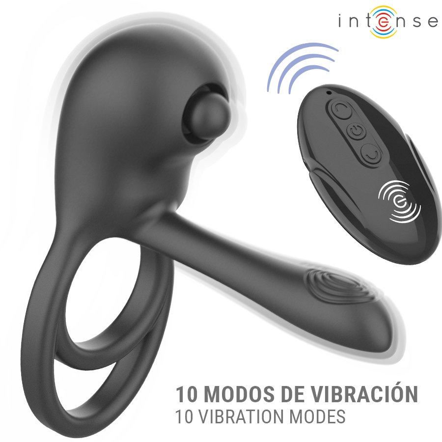 Cockring vibrant Spike d'Intense en vibration, mention 10 modes, télécommande à côté