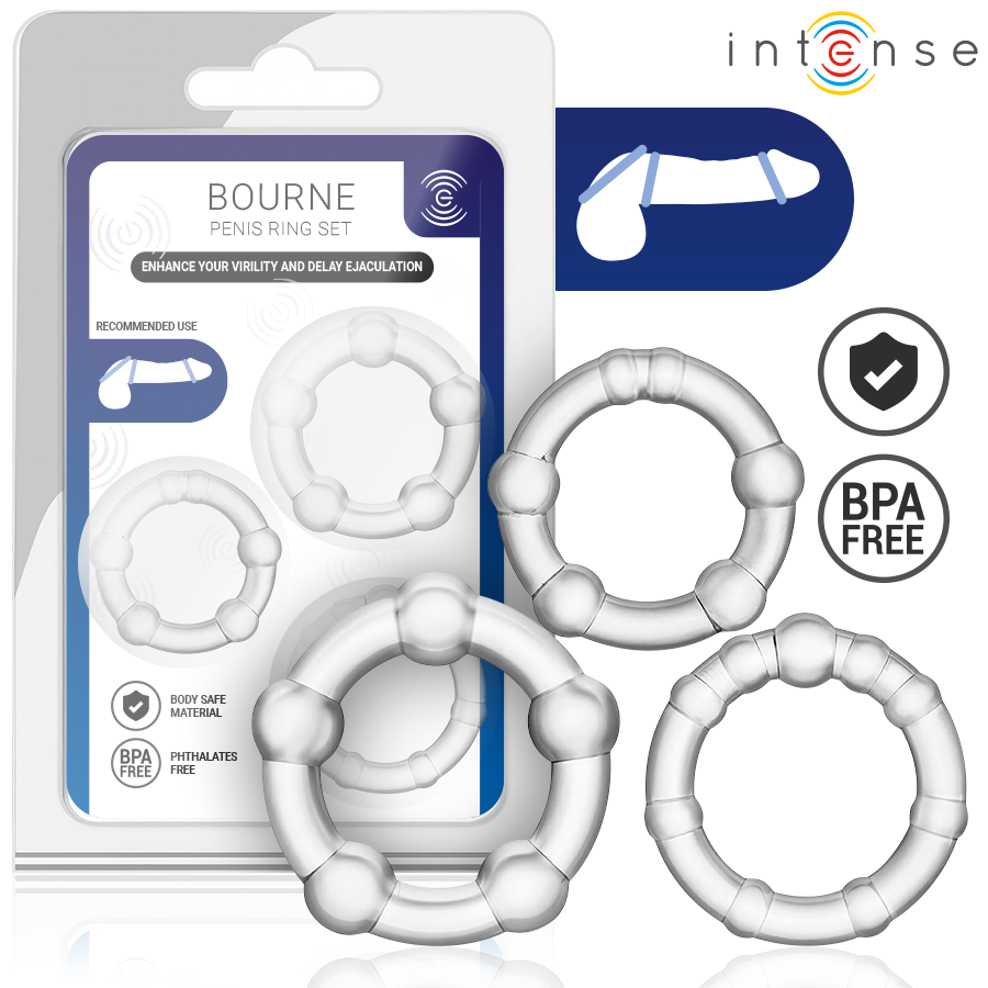 Lot de 3 cockrings Bourne d'Intense devant leur blister avec pictogramme sans BPA