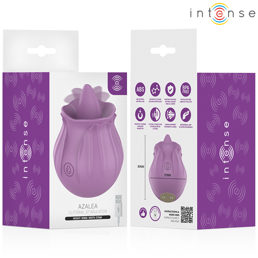 Boîte du stimulateur clitoridien Azalea d'Intense vue de face et de dos