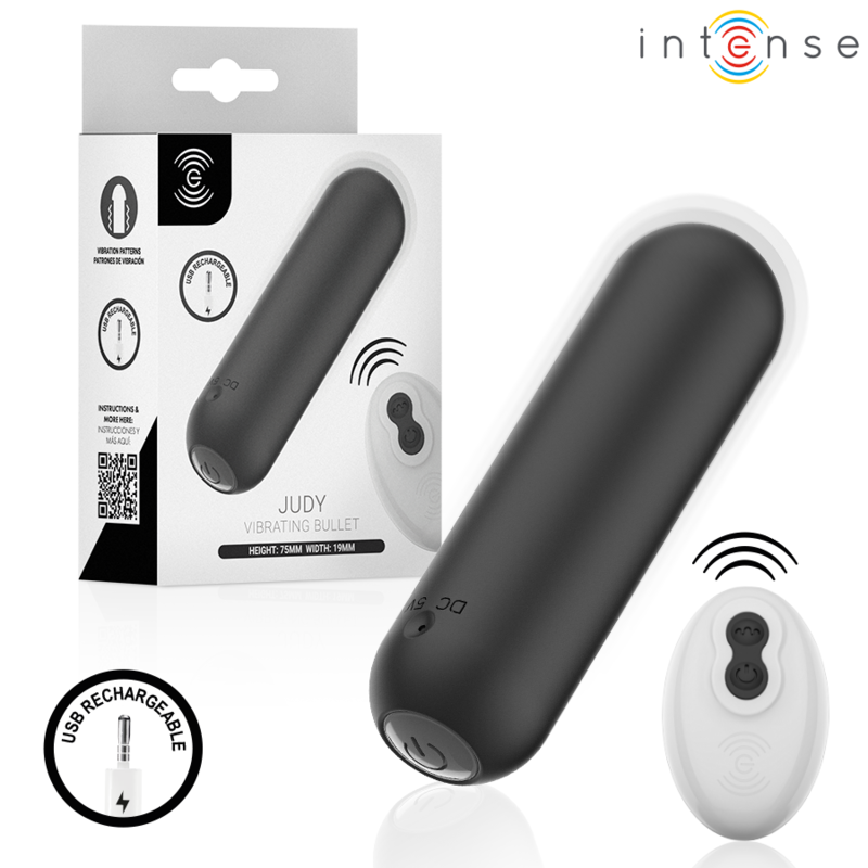 Bullet Judy noir et télécommande devant sa boîte, pictogramme USB rechargeable