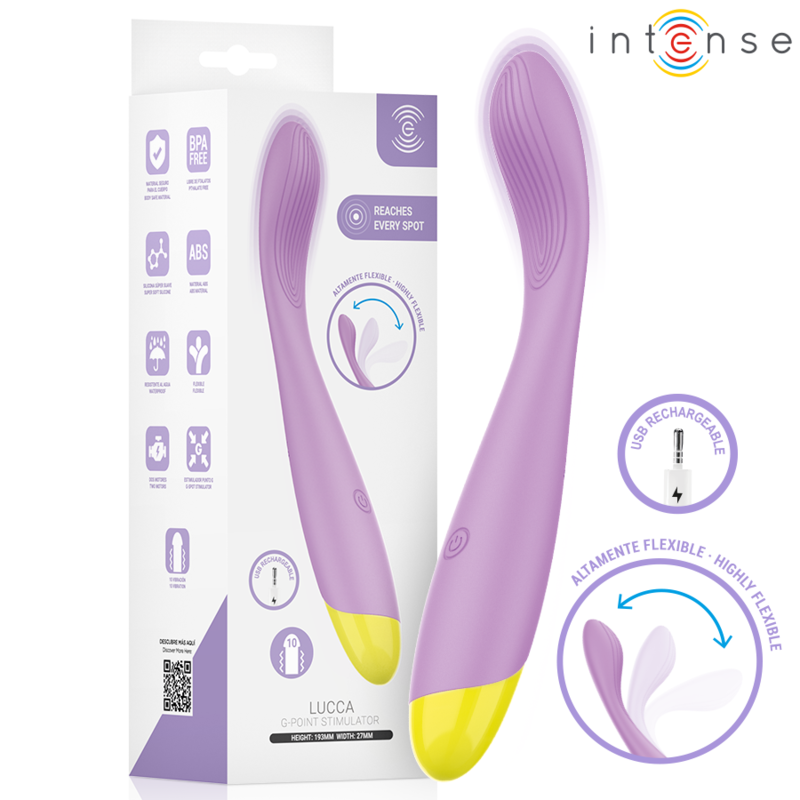 Vibromasseur point G Lucca lilas d'Intense devant sa boîte, pictogramme ultra-flexible