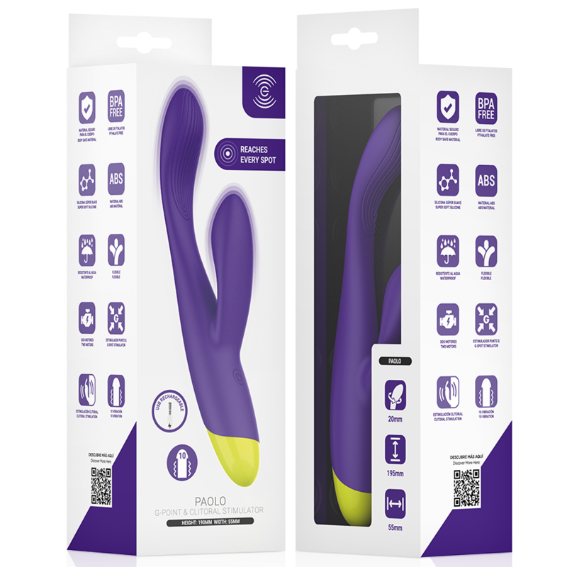Boîte du vibromasseur rabbit Paolo d'Intense ouverte avec le jouet violet à l'intérieur