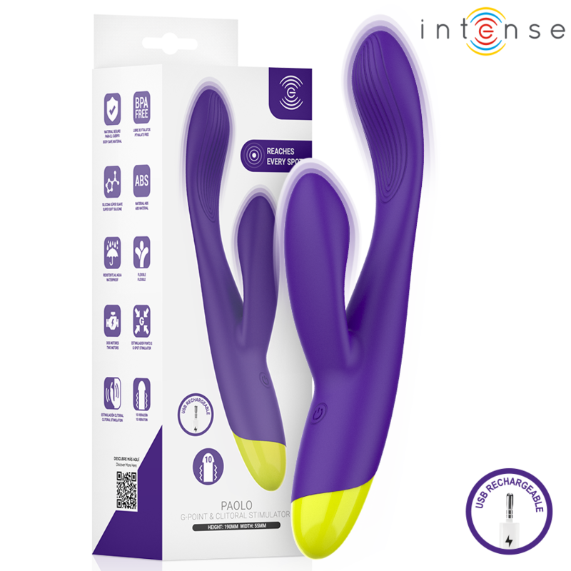 Vibromasseur rabbit Paolo d'Intense violet devant sa boîte, bras clitoridien jaune