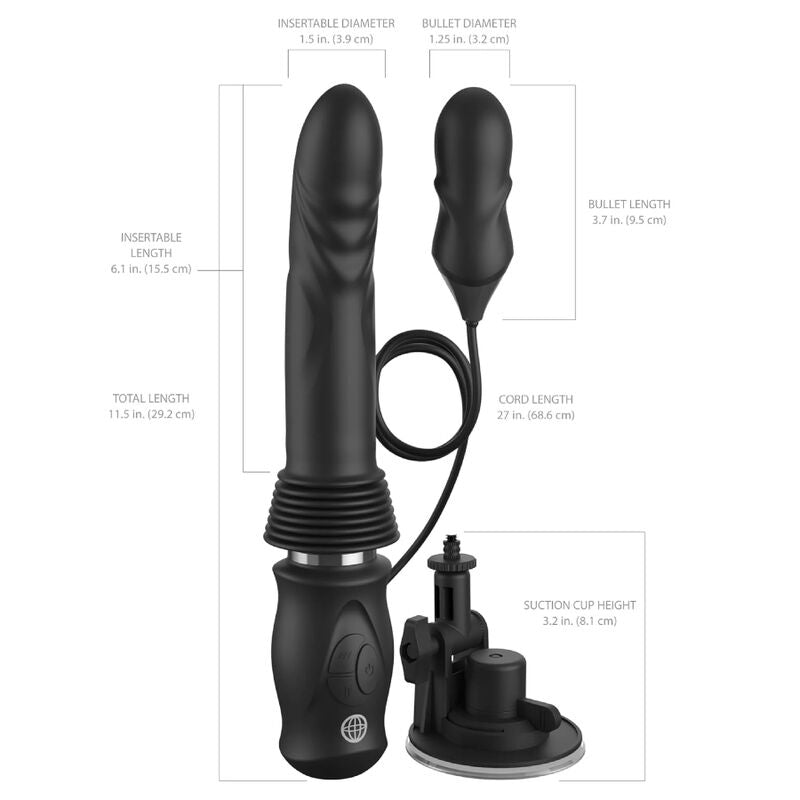 Schéma des dimensions du vibromasseur Ultimate Thruster et de son œuf vibrant
