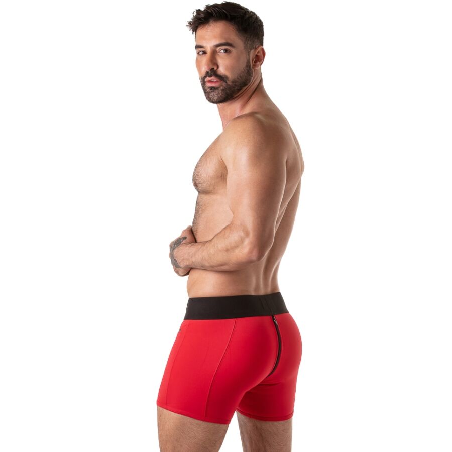 Dos du boxer rouge Locker Gear, fermeture éclair centrale fermée