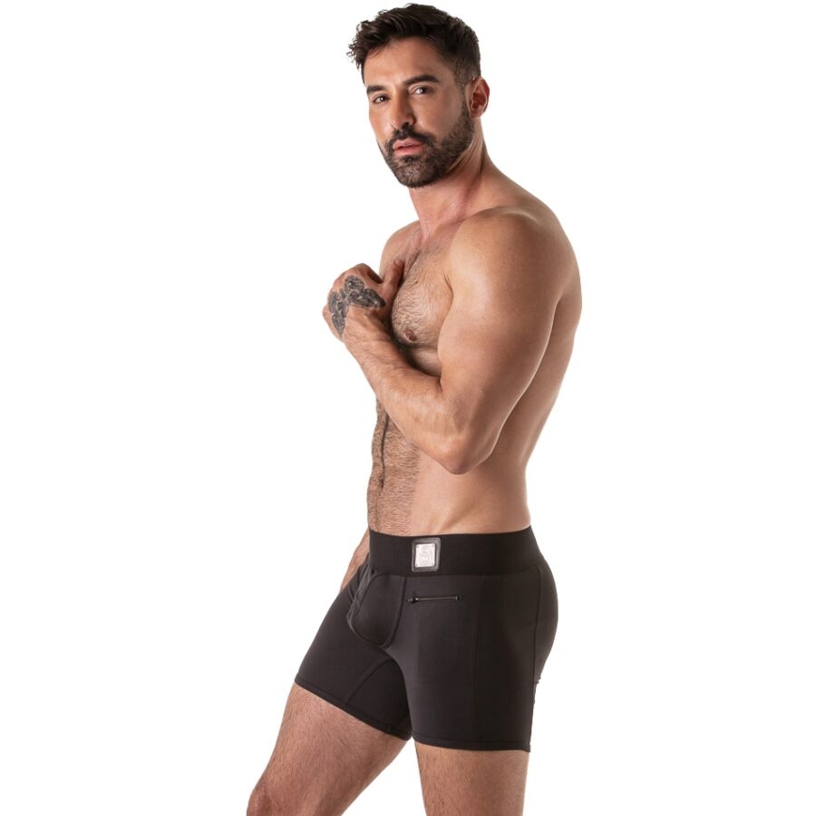Boxer Locker Gear noir porté de trois quarts avec poche latérale zippée visible