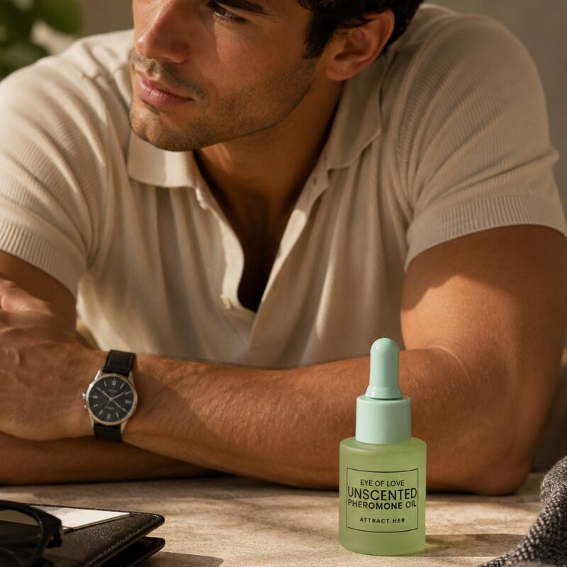 Homme en polo accoudé à une table avec le flacon d'huile Unscented Eye Of Love