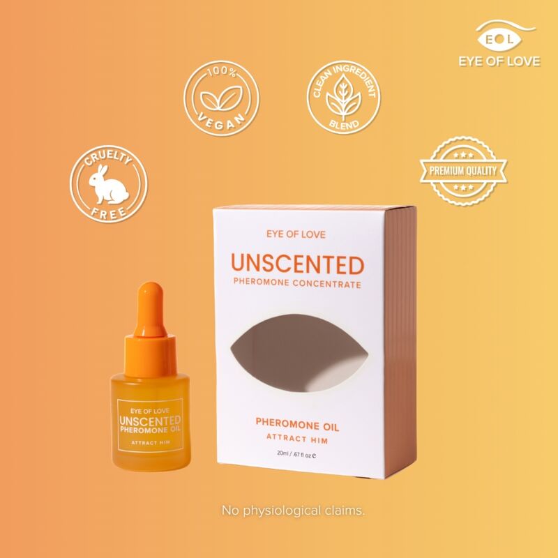 Boîte et flacon Eye Of Love sur fond orange avec pictogrammes vegan et cruelty free