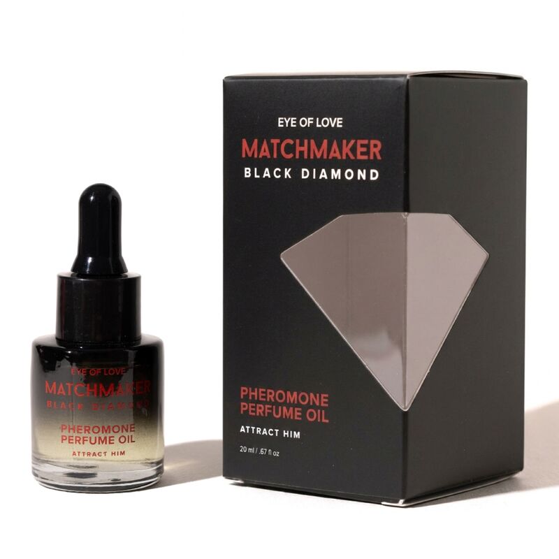 Huile Matchmaker Black Diamond Eye Of Love à côté de sa boîte noire à fenêtre diamant