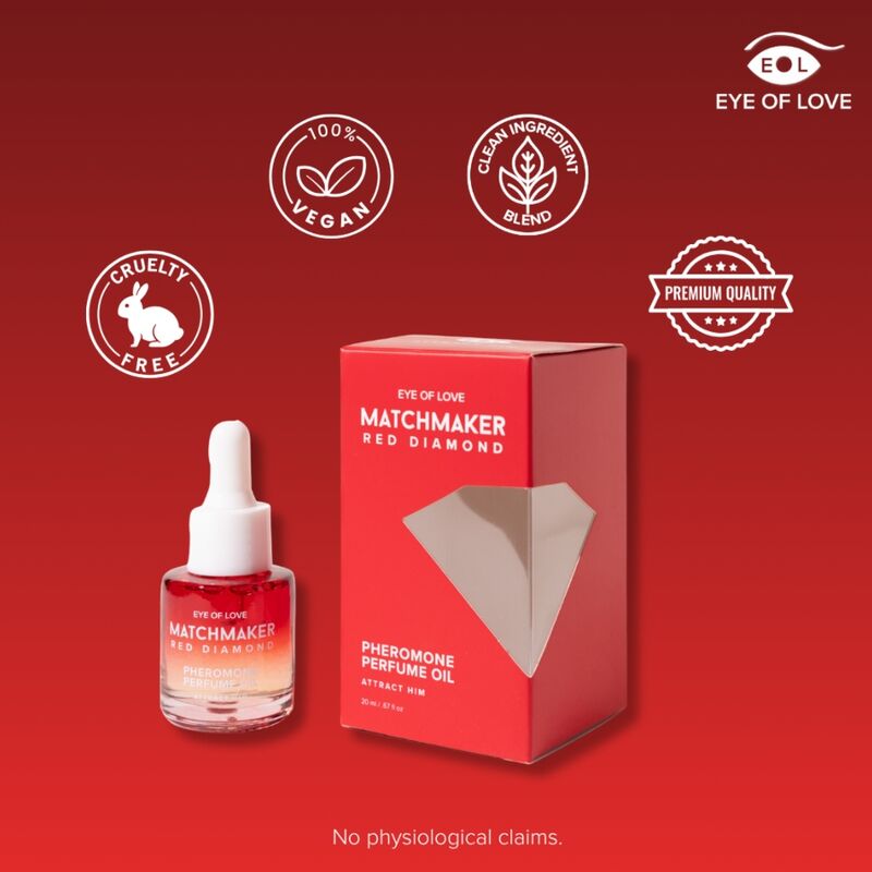 Huile Red Diamond Eye Of Love et sa boîte rouge avec labels vegan et cruelty free