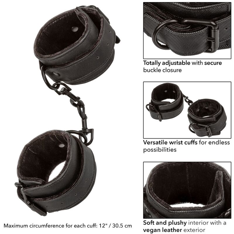 Menottes BDSM Boundless Cuir Végétalien Réglables Fermoirs Pivotants - CalExotics
