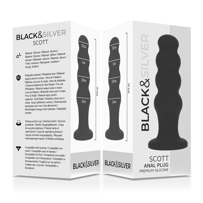Plug Anal Scott Silicone Texturé Tête Flexible Toucher Velours - Black&Silver