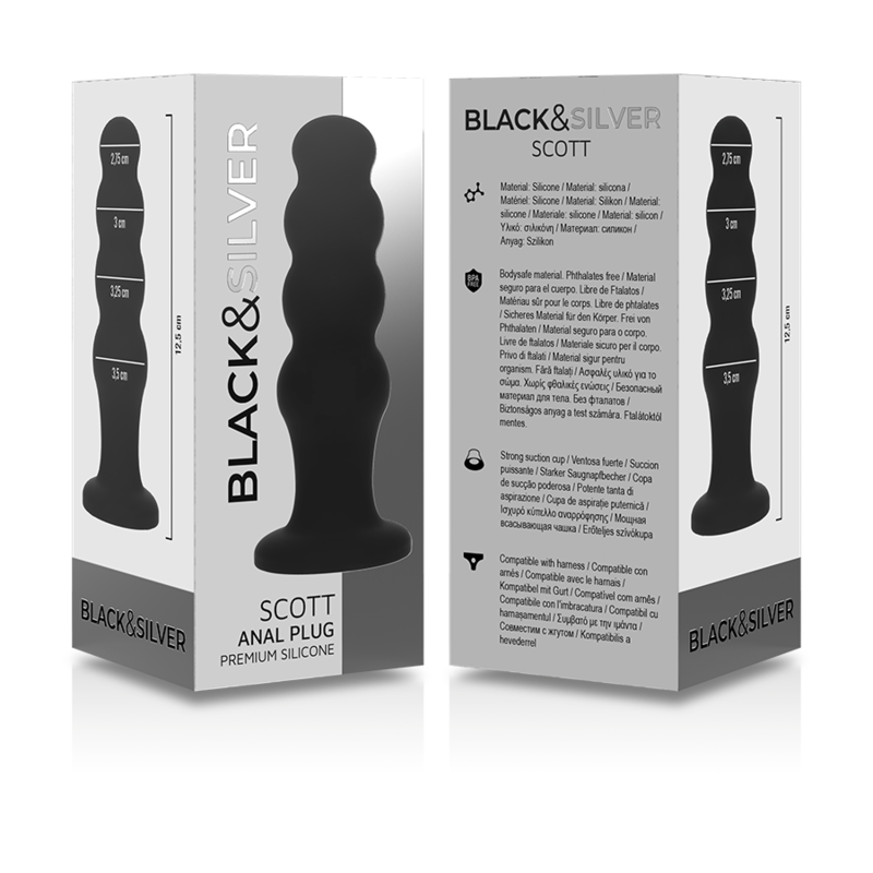 Plug Anal Scott Silicone Texturé Tête Flexible Toucher Velours - Black&Silver