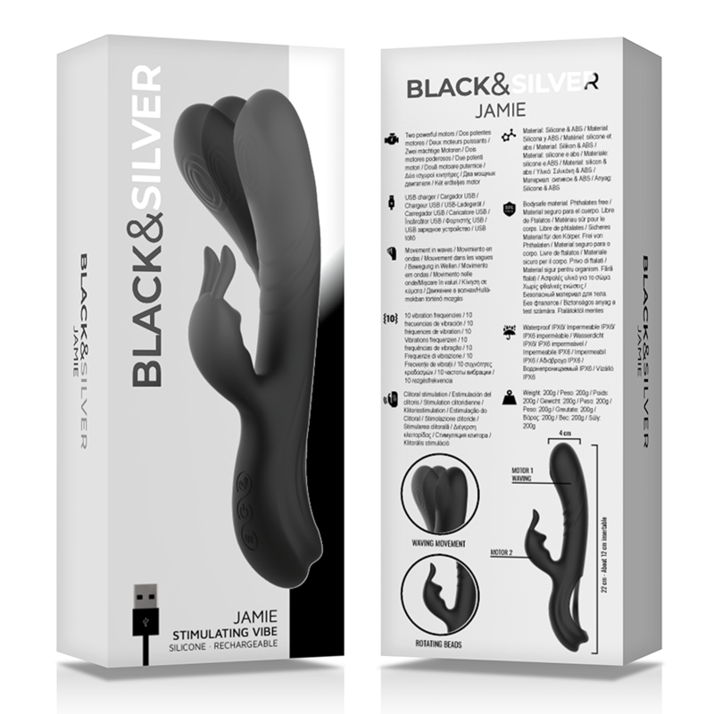 Vibromasseur Rabbit Jamie Silicone Flexible 10 Modes IPX7 - Black&Silver